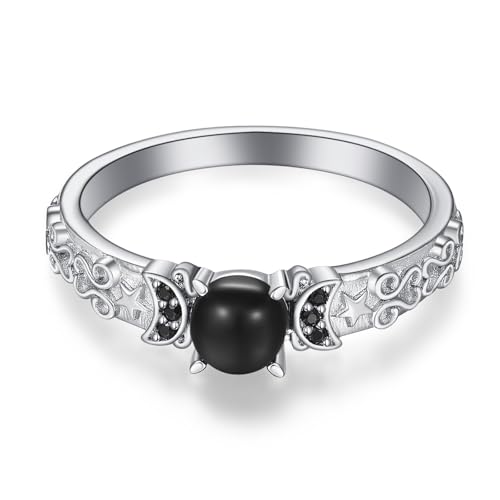 KINGWHYTE Schwarzer Onyx Stein Ring 925 Sterling Silber Dreifach Mondgöttin Ring für Frauen Edelstein Statement Ring Gothic Schmuck Geschenke Ring Größe 8 von KINGWHYTE