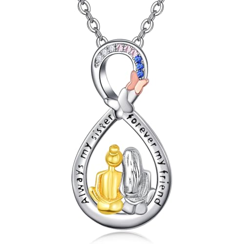 KINGWHYTE Schwester Kette Silber 925 Schwestern Halskette für 2 "Always My Sister Forever My Friend Anhänger Halskette Damen Unendlichkeit Schmuck Geschenke für Frauen Mädchen von KINGWHYTE