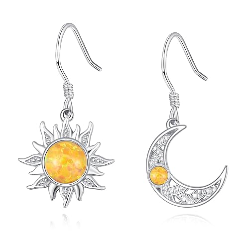 KINGWHYTE Sonne und Mond Ohrringe Himmlische Ohrringe 925 Sterling Silber Opal Ohrringe Tropfen Asymmetrische Ohrringe Opalschmuck Geschenke für Frauen Mädchen Damen von KINGWHYTE