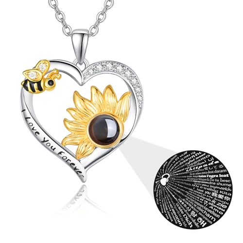 KINGWHYTE Sonnenblume Kette Silber 925 Herz Anhänger Halskette mit Biene Ich Liebe Dich Halskette 100 Sprachen Projektion Halskette Weihnachten Valentinstag Schmuck Geschenke für Frauen Damen von KINGWHYTE