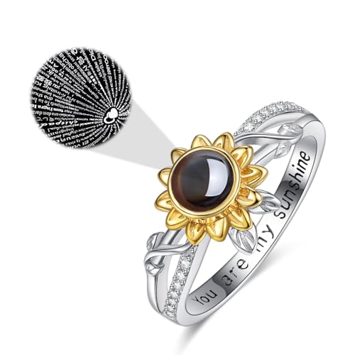 KINGWHYTE Sonnenblumen Projektionsring 925 Sterlingsilber „Ich liebe dich in 100 Sprachen“ Projektionsring mit der Gravur „Du bist mein Sonnenschein“ Schmuck Blumengeschenke für Mädchen Frauen von KINGWHYTE
