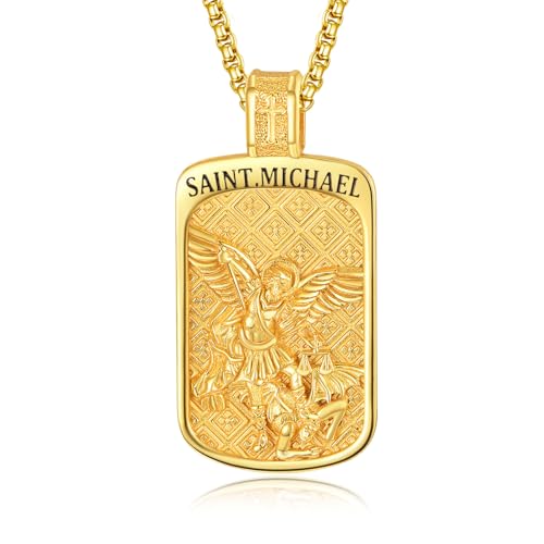 KINGWHYTE St. Michael Halskette 925 Sterling Silber Katholischer Schmuck Amulett Schmuck Religiöse Geschenke St Michael Anhänger für Männer(Vergoldet) von KINGWHYTE