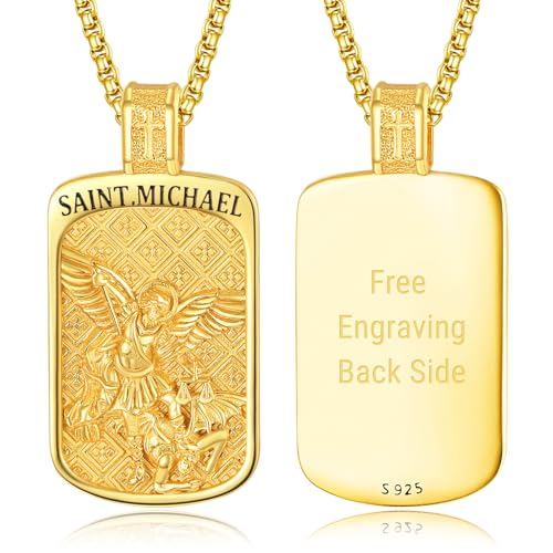 KINGWHYTE St. Michael Halskette 925 Sterling Silber Katholischer Schmuck Amulett Schmuck Religiöse Geschenke St Michael Anhänger für Männer(Vergoldet Graviert) von KINGWHYTE