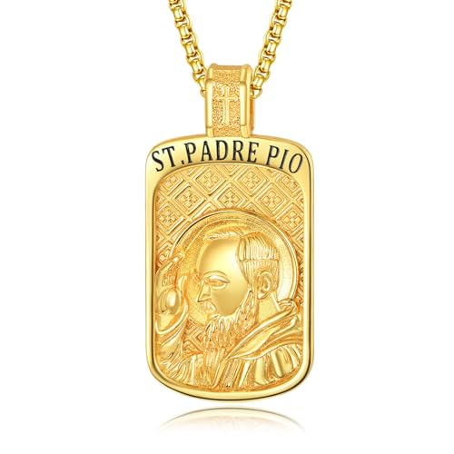 KINGWHYTE St. Padre Pio Halskette 925 Sterling Silber Katholischer Schmuck Amulett Schmuck Religiöse Geschenke Padre Pio Anhänger für Männer Damen(Vergoldet) von KINGWHYTE