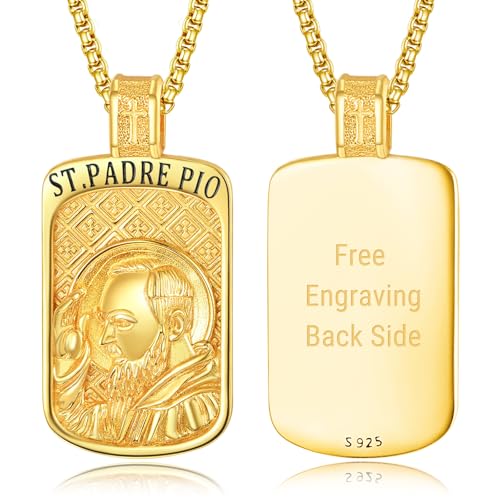 KINGWHYTE St. Padre Pio Halskette 925 Sterling Silber Katholischer Schmuck Amulett Schmuck Religiöse Geschenke Padre Pio Anhänger für Männer Damen(Vergoldet Graviert) von KINGWHYTE