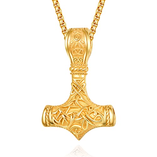 KINGWHYTE Thor's Hammer Talisman Halskette 925 Sterling Silber Nordic Vintage Anhänger Viking Vegvisir Mjolnir Amulett Schmuck Geschenke für Männer(Gold) von KINGWHYTE