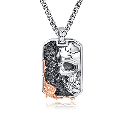 KINGWHYTE Totenkopf Halskette 925 Sterling Silber Totenkopf mit Rosenblüte Erkennungsmarke Ketten für Herren Gothic Punk Schmuck Valentinstag Geschenke für Ihn für Herren Jungen Sterling Silber von KINGWHYTE