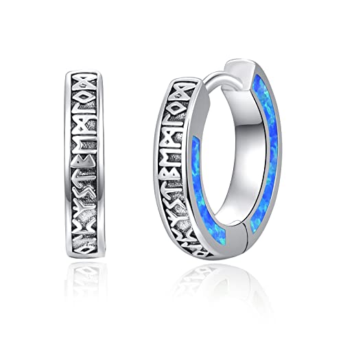 KINGWHYTE Unisex Creolen 925 Sterling Silber Wikinger Rune Schwarz Ohrringe Schläfer Ohrringe Geburtstag Geschenke für Männer Frauen (Blauer Opal) von KINGWHYTE