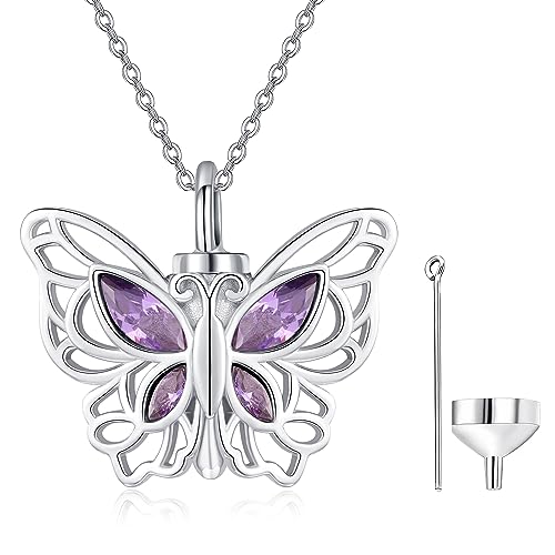 KINGWHYTE Urnen Halsketten für Asche 925 Sterling Silber Schmetterling Kristall Asche Erinnerung Anhänger Halskette Kremation Schmuck Asche Keepsake mit Trichter Kit von KINGWHYTE