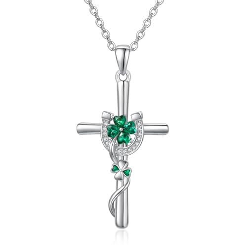 KINGWHYTE Vierblättrige Kleeblatt-Halskette Kreuz-Halskette 925 Sterling Silber Hufeisen-Halskette Smaragd-Kristall-Anhänger für Frauen Kleeblatt irischer Schmuck St Patricks Day für Frauen von KINGWHYTE