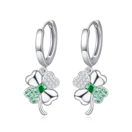 KINGWHYTE Vierblättrige Kleeblatt-Ohrringe 925 Sterling Silber Irische Grüne Ohrringe Hängend für Frauen St Patricks Day Ohrhaenger Irischer Schmuck Geschenke für Frauen Damen von KINGWHYTE