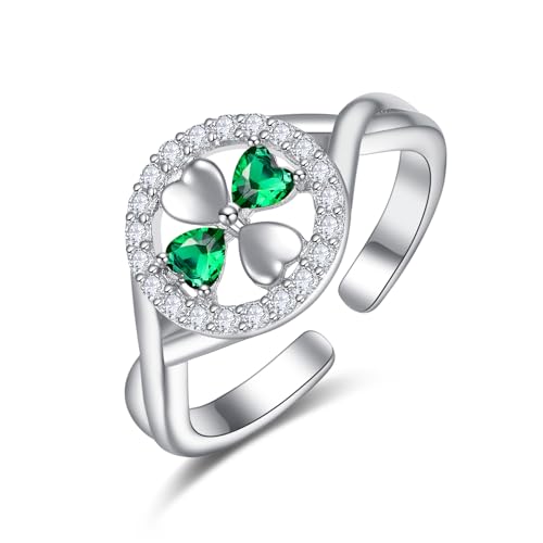 KINGWHYTE Vierblättriger Kleeblatt Ring 925 Sterling Silber Smaragd Ring St Patricks Day Shamrock Ring Irischer Schmuck Glücksbringer Geschenke für Frauen von KINGWHYTE