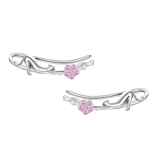 KINGWHYTE Weiße Katze Ohrringe 925 Sterling Silber Rosa CZ Blume Ohrringe Süße Katze Climber Ohrringe Katze Schmuck Geschenke für Frauen Mädchen von KINGWHYTE