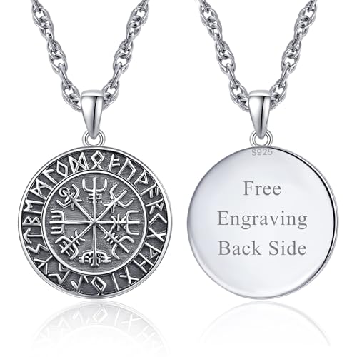 KINGWHYTE Wikinger Halskette 925 Sterling Silber Vegvisir Anhänger Wikinger Amulett Schmuck Geburtstagsgeschenke für Männer Frauen (Graviert) von KINGWHYTE