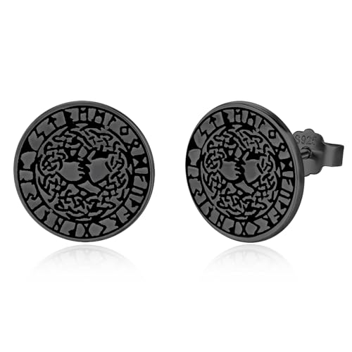 KINGWHYTE Wikinger Rune Ohrringe 925 Sterling Silber Lebensbaum Ohrstecker Baum des Lebens Ohrring Hypoallergen Ohrschmuck für Männer Frauen(Schwarz) von KINGWHYTE