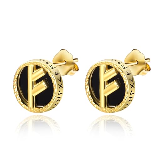 KINGWHYTE Wikinger Rune Ohrringe 925 Sterling Silber Schwarz Onyx Ohrstecker Gold Überzogen Klein Hypoallergen Ohrschmuck für Männer Frauen(Fehu) von KINGWHYTE