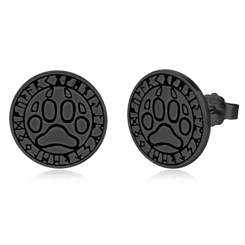 KINGWHYTE Wikinger Rune Ohrringe 925 Sterling Silber Wolf Pfote Ohrstecker Hypoallergen Ohrschmuck für Männer Frauen(Schwarz) von KINGWHYTE