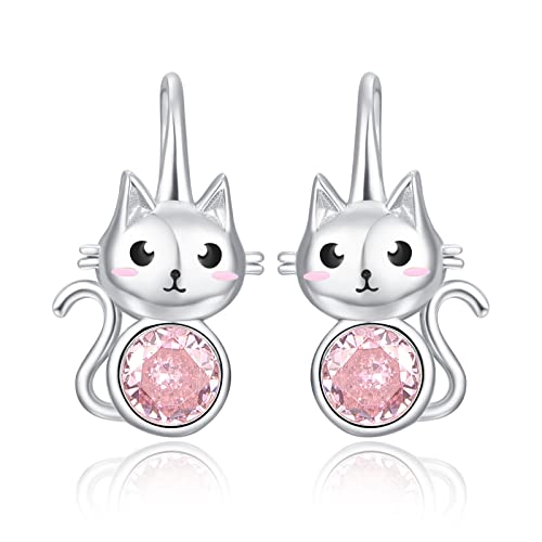 Katze Ohrringe mit Rosa Zirkonia Creolen, KINGWHYTE 925 Sterling Silber Hängend Damen Hängeohrringe, Süßer Tier Kinder Ohrstecker Schmuck, Mädchen Tierohrringschmuck… von KINGWHYTE