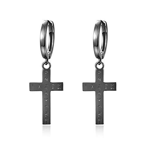 Kreuz Huggie Creolen 925 Sterling Silber Wikinger Rune Nordischer Schmuck Kreuz Ohrhänger für Herren Damen (Schwarz) Sterling Silber, Sterling Silber von KINGWHYTE