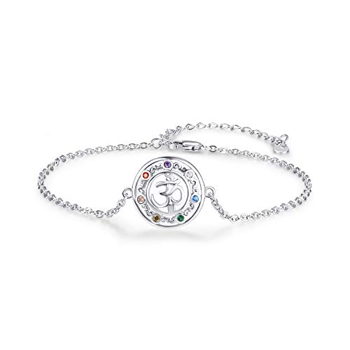 KINGWHYTE Chakra Armband 925 Sterling Silber Yoga Aum Om Ohm Amulett Gliederarmband Yoga Schmuck Yoga Geschenke für Frauen und Mädchen von KINGWHYTE