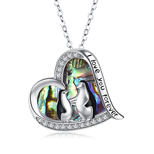 KINGWHYTE Pinguin Halskette 925 Sterling Silber Herzförmige Gravur I Love You Forever Malachit/Abalone/Fritillaria Niedliche Tier Pinguin Geschenke für Frauen Mädchen von KINGWHYTE