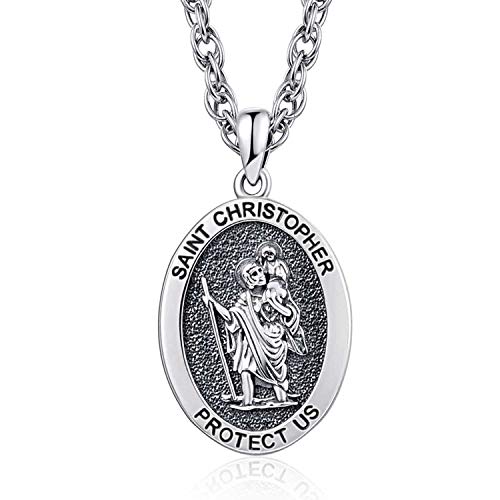 KINGWHYTE Saint Christophorus Halskette/Sankt Michael Halskette S925 Sterling Silber Anhänger Protect Us for Women Men with Stainless Steel Chain & Black Leather 50cm von KINGWHYTE