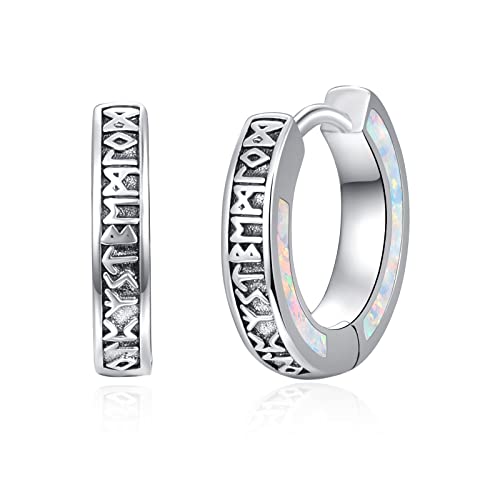 KINGWHYTE Unisex Creolen 925 Sterling Silber Wikinger Rune Schwarz Ohrringe Schläfer Ohrringe Geburtstag Geschenke für Männer Frauen (Weißer Opal) von KINGWHYTE