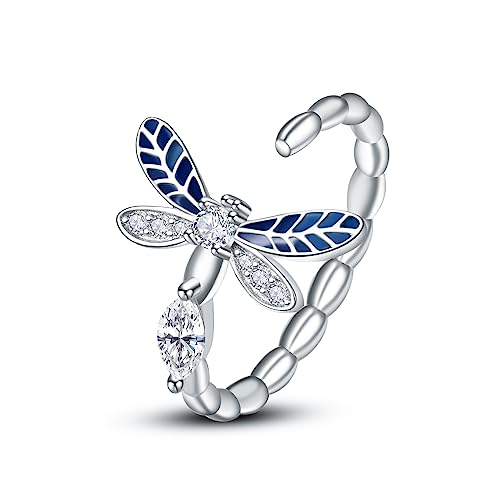 Verstellbar Libelle Ringe 925 Sterling Silber Offene Einstellbar Libellen Rings Tiere Rings Geburtstags Schmuck Geschenke für Frauen Mädchen von KINGWHYTE