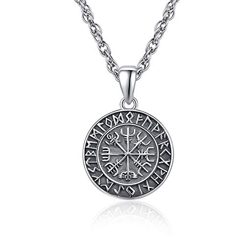 ViKing Halskette 925 Sterling Silber Vegvisir Anhänger Halskette Wikinger Amulett Schmuck für Herren Damen mit Edelstahl Kette 50cm von KINGWHYTE