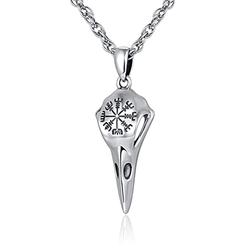 Viking Raven Halskette 925 Sterling Splitter Vegvisir Anhänger Crow Odin Anhänger Talisman Rune Amulett Nordic Viking Schmuck mit Edelstahlkette55cm (20+2inch) von KINGWHYTE