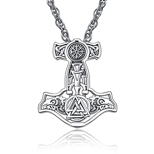 KINGWHYTE Thor's Hammer Halskette 925 Sterling Silber Nordic Vintage Anhänger Viking Vegvisir Valkut Halsketten Mjolnir Odin Schmuck Geschenke für Männer von KINGWHYTE