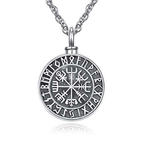 KINGWHYTE Wikinger Asche Halskette 925 Sterling Silber Vegvisir Wikinger Amulett Schmuck Feuerbestattung Andenken Erinnerungsgeschenke für Männer Frauen von KINGWHYTE