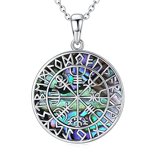 KINGWHYTE Wikinger Halskette 925 Sterling Silber Wikinger Abalone Anhänger Vegvisir Kette Schmuck Geschenke für Männer und Frauen 18 Zoll + 2 Zoll Silberkette von KINGWHYTE