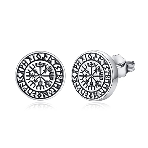 KINGWHYTE Wikinger Rune Ohrringe 925 Sterling Silber Norse Vegvisir Ohrstecker Hypoallergen Ohrschmuck für Männer Frauen(Silber) von KINGWHYTE