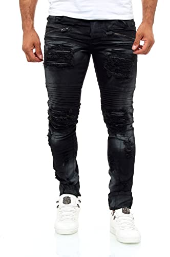 KINGZ Coole Herren Jeans, Designer Jeans in Slim-Fit Batik-Look Black-White Destroyed Jeans 1644-1 Schwarz W32/L34 von KINGZ