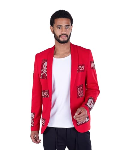 KINGZ DISTRIQT Herren Sakko mit Strass veredelt, Herren Blazer Designer Jacke, Totenkopf Sakko, Blazer Skull 2291-1 Rot 54 von KINGZ