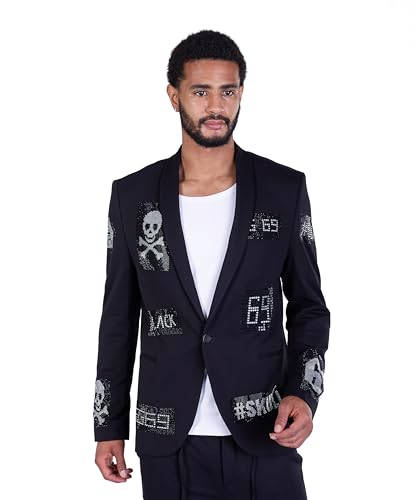 KINGZ DISTRIQT Herren Sakko mit Strass veredelt, Herren Blazer Designer Jacke, Totenkopf Sakko, Blazer Skull 2291-1 Schwarz 48 von KINGZ