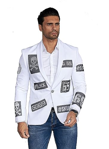 KINGZ DISTRIQT Herren Sakko mit Strass veredelt, Herren Blazer Designer Jacke, Totenkopf Sakko, Blazer Skull 2291-1 Weiß 46 von KINGZ