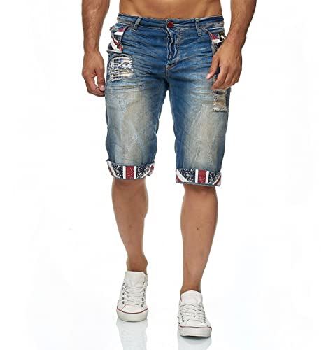 KINGZ Designer Herren Jeans Shorts Denim Freizeit Kurze Hose Unionjack Premium Capri Bermuda Stonewashed 912 Blue Blau S von KINGZ