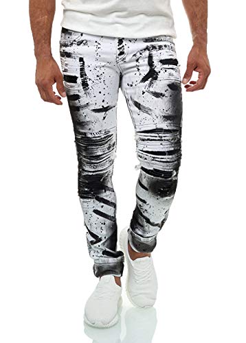 KINGZ Designer Jeans Herren Slim Fit Stretch Jeanshose Designer Hose Denim Batik Waschung1505-2 White Black 36/34 von KINGZ