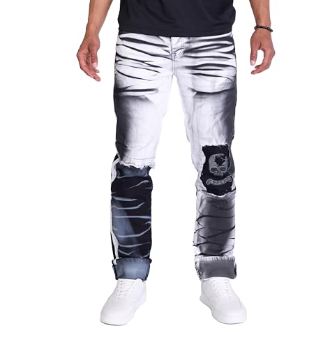 KINGZ Extravagante Herren Designer Jeans Slim Fit mit Stretch und vielen Details Blau W29/L34 von KINGZ
