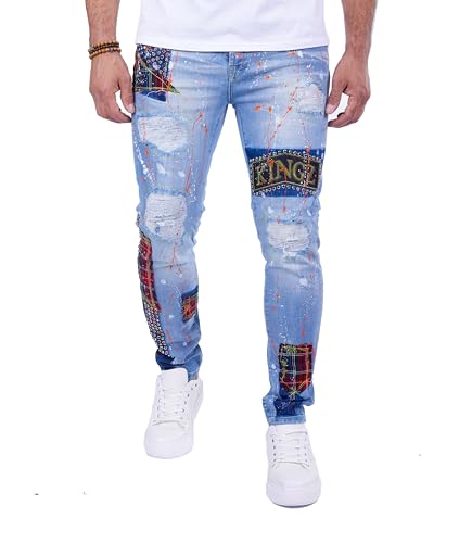 KINGZ Extravagante Herren Designer Jeans Slim Fit mit Stretch und vielen Details Blau W33/L34 von KINGZ