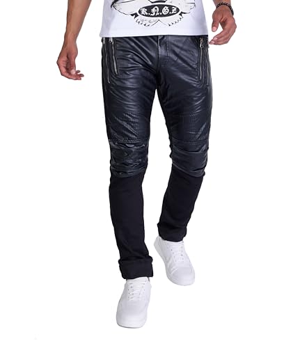 KINGZ Herren Biker Jeans Regular-Fit Schwarze Rockige Stretch Männer Hose 1356-1 Schwarz 32W/34L von KINGZ