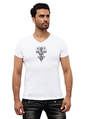 KINGZ Herren Bodyshirt Designer T-Shirt Strass Sommer T-Shirt Body-Fit - 38-04 White Silver (L, Weiß Gold) von KINGZ