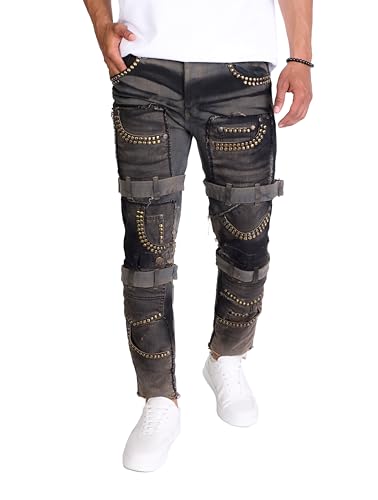KINGZ Herren Designer Patchworkjeans mit Nieten Blau W33/L32 von KINGZ