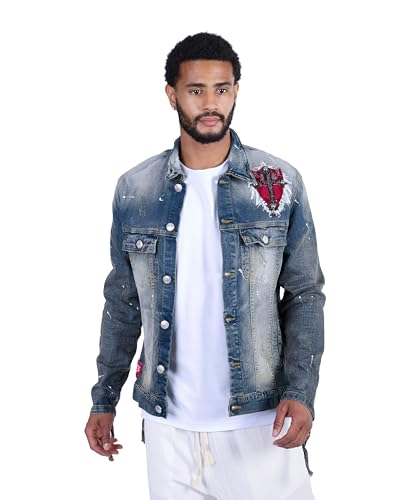 KINGZ Herren Designer Retro Jeansjacke mit Wappen Blue 2 XL von KINGZ