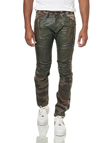 KINGZ Herren Jeans Hose Biker Camouflage Hose Slim Fit Design Denim Jeanshose Kunstleder Grün W32/L34 von KINGZ