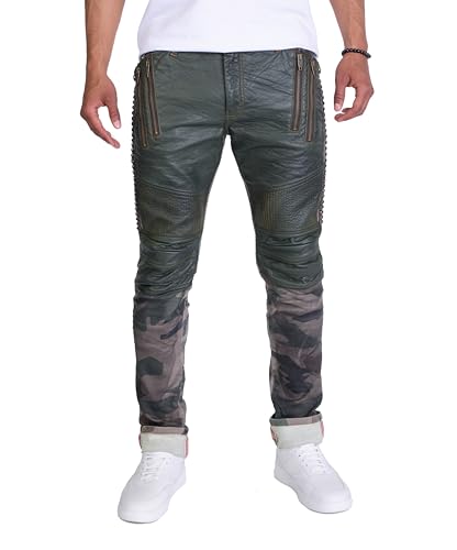 KINGZ Herren Jeans Hose Biker Camouflage Hose Slim Fit Design Denim Jeanshose Kunstleder Grün W32/L34 von KINGZ