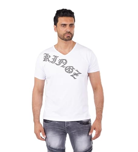 KINGZ Herren Strass Totenkopf T-Shirt mit Strass in Regular Fit Weiß L von KINGZ