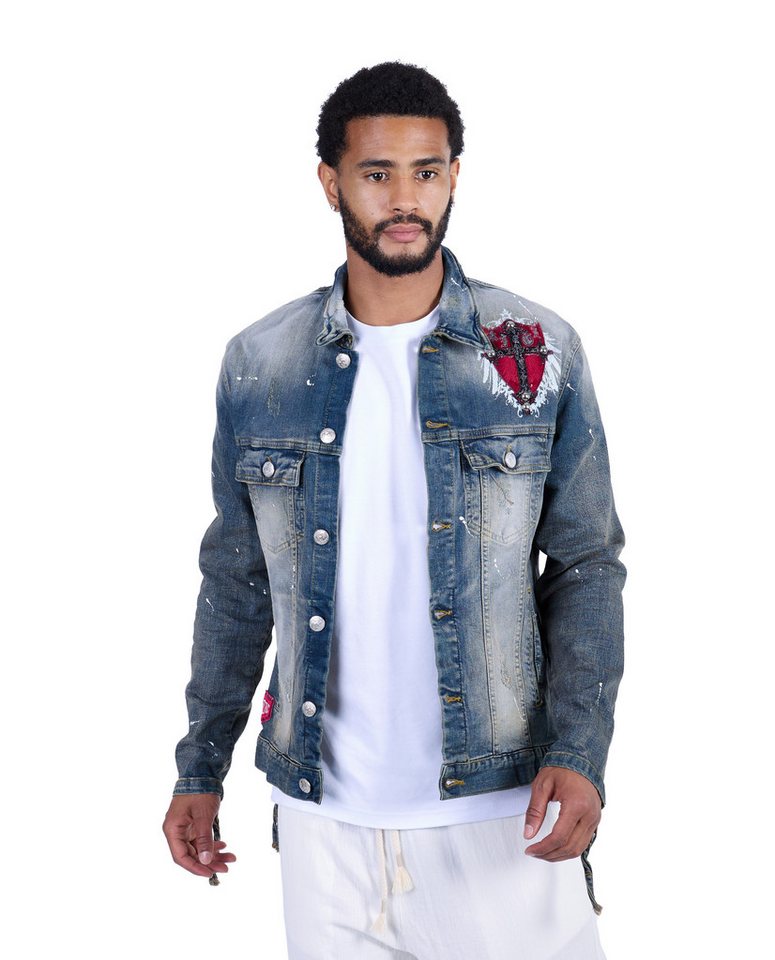 KINGZ Jeansjacke Herren Designer Retro Jeansjacke mit Wappen Blue L von KINGZ
